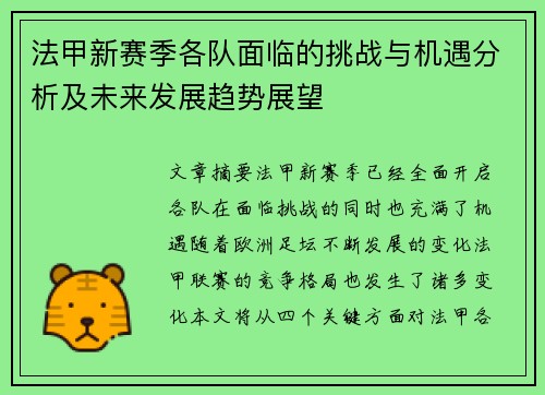 法甲新赛季各队面临的挑战与机遇分析及未来发展趋势展望