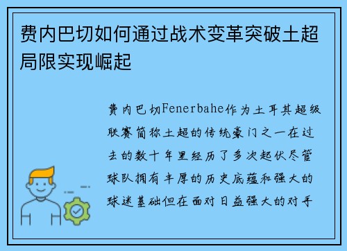 费内巴切如何通过战术变革突破土超局限实现崛起