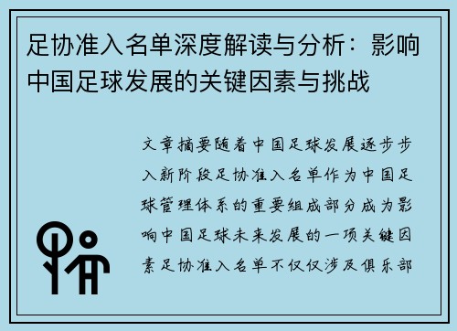 足协准入名单深度解读与分析：影响中国足球发展的关键因素与挑战